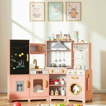 Pirecart Kids Corner Play Kitchen Set, Wooden Toddler Kitchen Toy with Lights & Sounds, Sink, Faucet, Ice Maker and Washing Machine, 6Psc Cooking Accessories, Pink