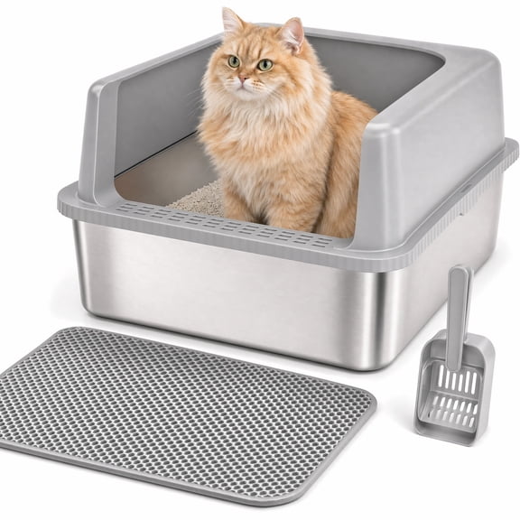 XL Stainless Steel Cat Litter Box with High Wall Side, 23.5"×15.5"×12", XL Litter Box for Small/Big/Multi Cats, with Scoop and Footboard, Gray