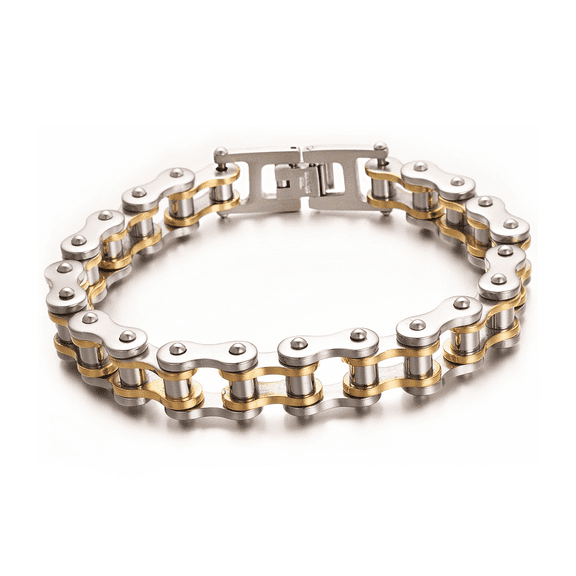 Vissen Gold Plated Silver Bracelet for Men Rubber Stainless Steel Heavy Link Biker Motorcycle Chain Adjustable Bracelet Wristband Jewelry