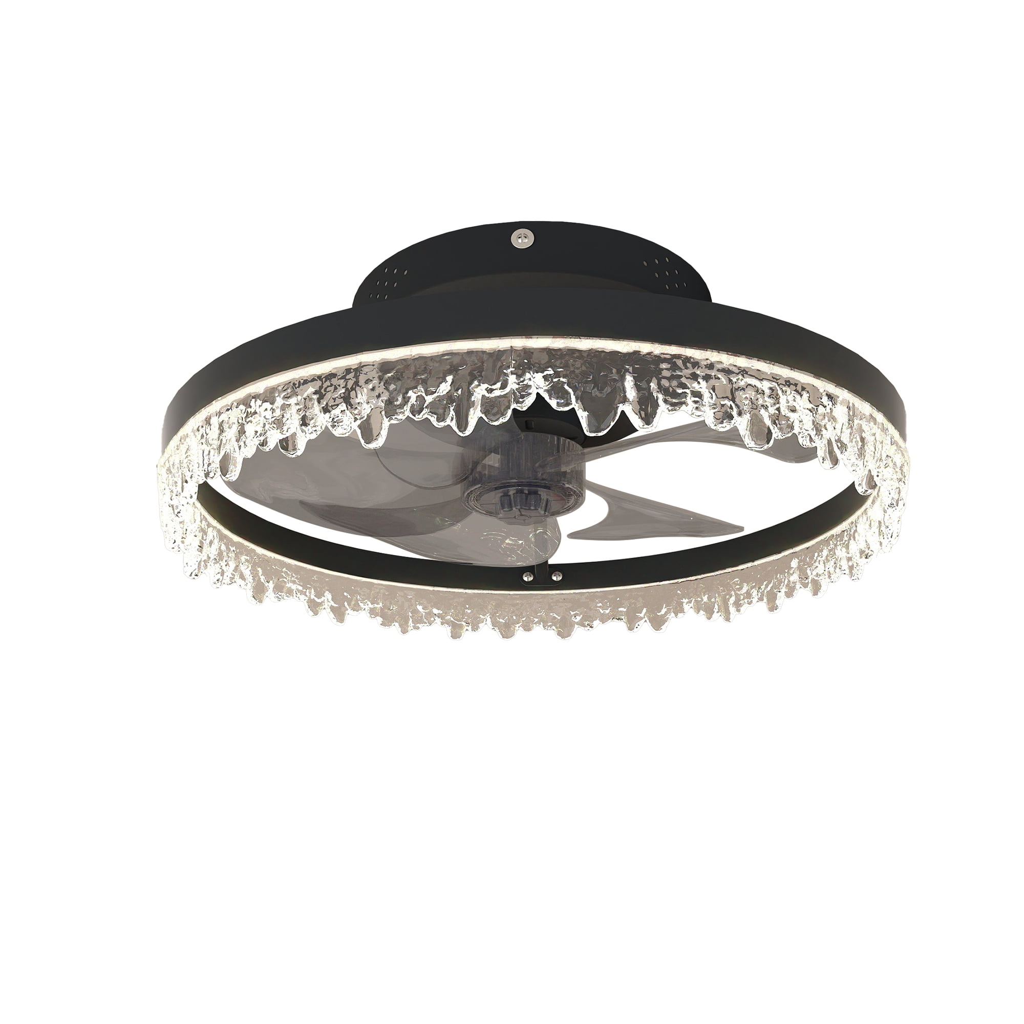 Low Profile Ceiling Fan with Lights and Remote, 15.7 Inch Black Flush Mount Fandelier, Dimmable 3-Color LED Crystal Fan for Bedroom