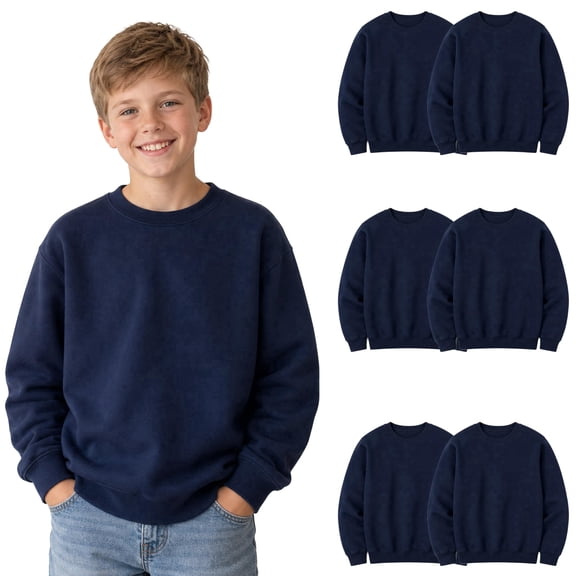 6 Pack Navy Blue Kids Crewneck Sweatshirts, Bulk Youth Fleece Pullover Sweatshirt, Wholesale Children’s Crew Neck Sweaters Boys Girls (X-Large)