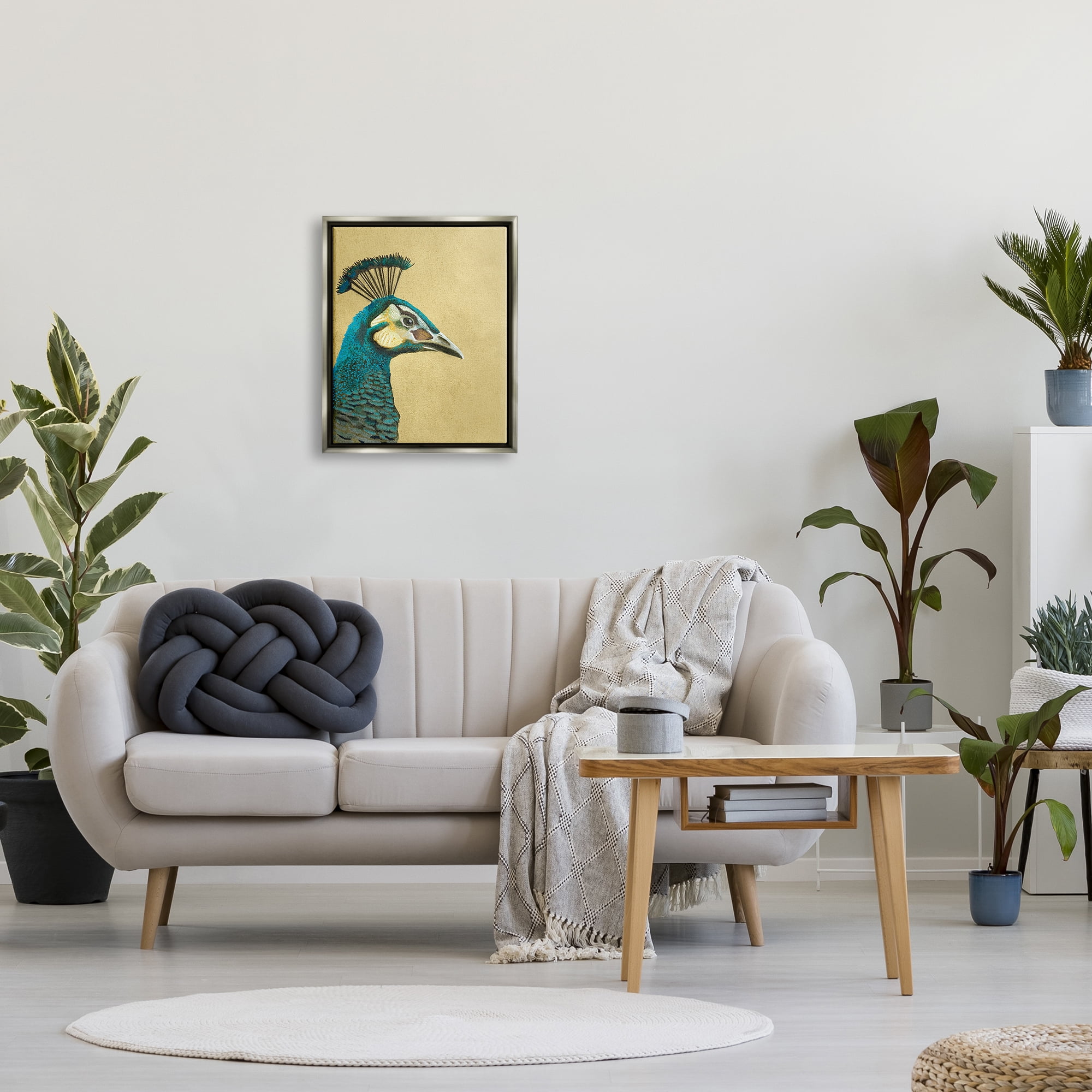 Stupell Industries Peacock Looking Right Animals & Insects Painting Gray Floater Framed Canvas Art Print Wall Art, 17 x 21