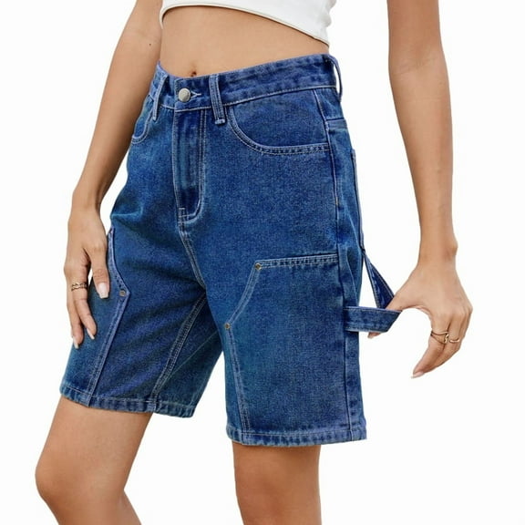 Vintage Knee Length Baggy Jorts with Pockets Cargo Shorts for Women High Waisted Y2k Streetwear Fashion Blue S