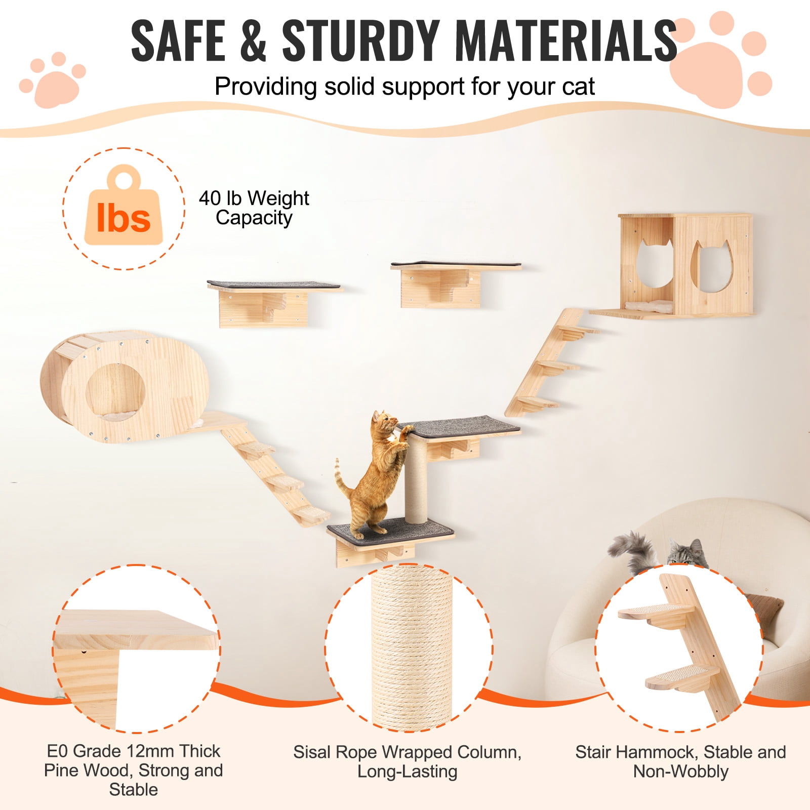 VEVOR Wall Mounted Cat Shelves, Cat Wall Shelves and Perches with Jumping Boards, Cat Beds, Hammocks & Cat Tree, Cat Furniture and Shelves up to 40 lbs for Sleeping, Playing, Climbing, Set of 7