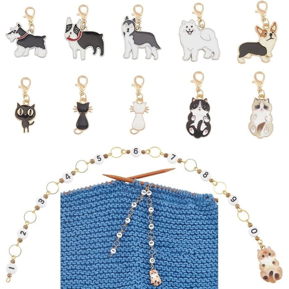 11Pcs Acrylic Number Bead Knitting Row Counter Chains and Cat Dog Alloy Enamel Charm Locking Stitch Markers with Lobster Claw Clasps for Knitting Weaving Sewing Accessories