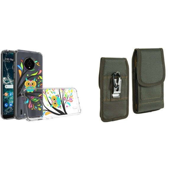 Case and Pouch Bundle for Nokia C200: Slim Series TPU Protector Case (Cute Owl) and Vertical Rugged Nylon Belt Holster (Midnight Green)
