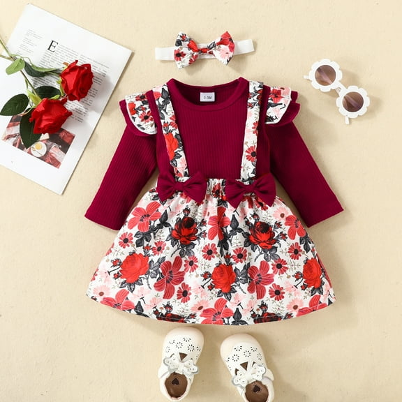 WOYY Infant Girls Romper Skirt Outfits Long Sleeve Bodysuit Flower Print Skirt Hairband