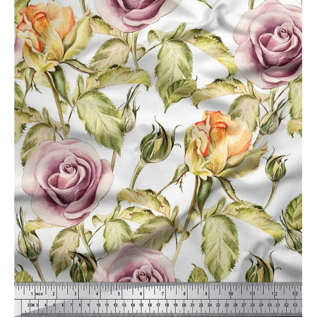 Soimoi Polyester Crepe Fabric Leaves & Rose Flower Print Fabric by The Yard 52 Inch Wide