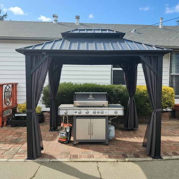 PURPLE LEAF 8' X 10' Gazebo Hardtop Gazebo Aluminum Gazebo with Dual-Layer Galvanized Steel Double Roof for Patio Lawn Garden Permanent Gazebo with Netting and Curtains Grey