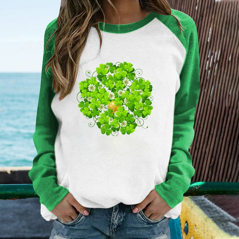 St Patricks Day Shirt Women Vintage Clovers Print Loose Tee Shirts Summer  Trendy Crewneck Long Sleeve Lightweight Holiday Tops 