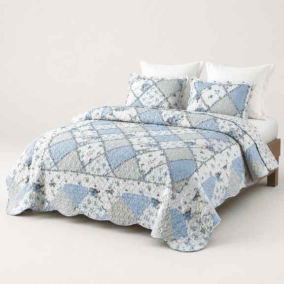 Blue Flpatchwork Quilt Set Full Queen Size 3 Piece Bedding With 2owcases