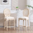 thumbnail image 2 of Hassch French Style Rattan Back Barstools (Set of 2), 25.6" Counter Height Stools with Cotton Linen Upholstered Seat, Farmhouse Design, Brushed Finish & Hand-Carved Solid Wood Legs, Beige+Natural, 2 of 10