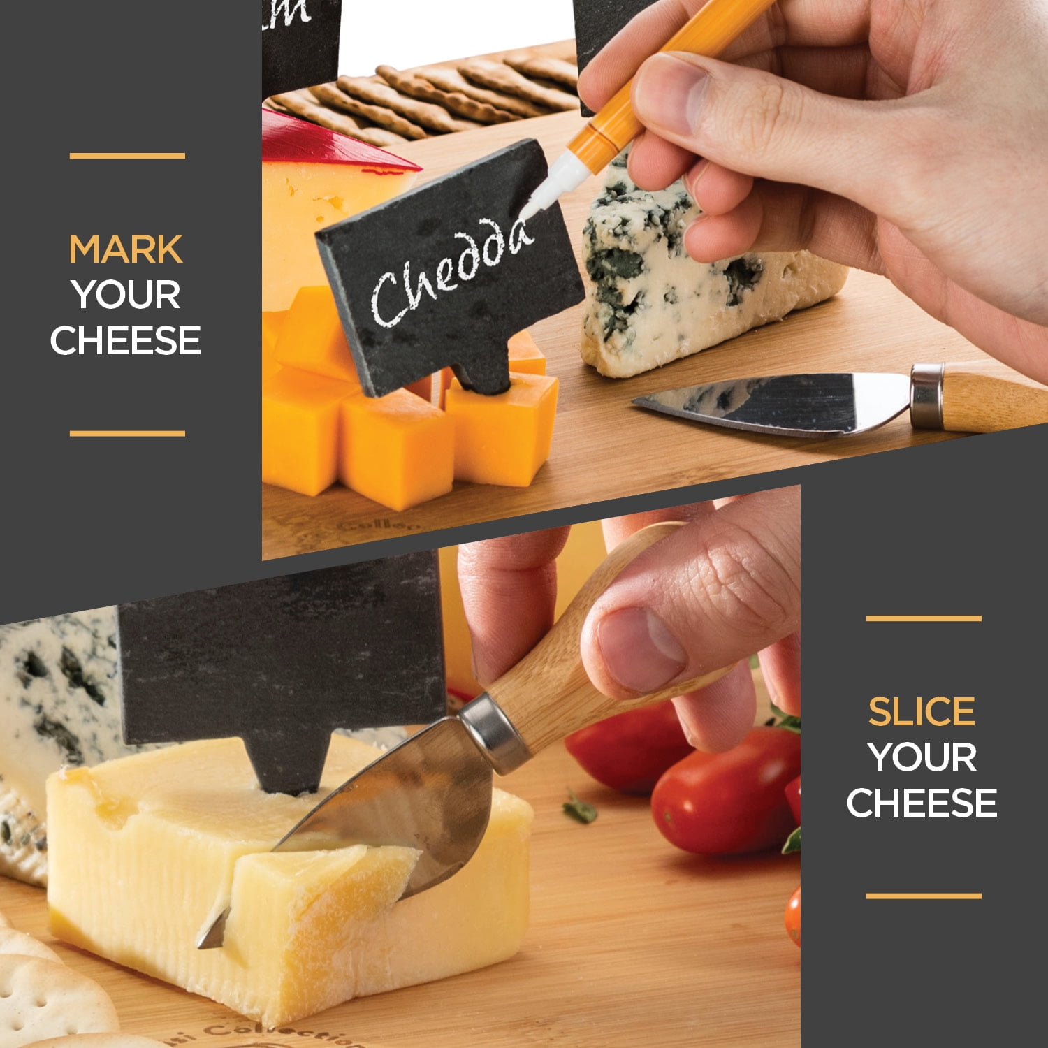 Bambusi Bamboo Cheese Board with Cutlery Set, Includes 4 Stainless Steel Serving Utensils, 3 Labels & 2 Chalk Markers