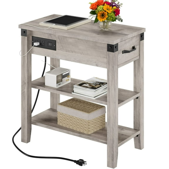 3-Tier End Table with Charging Station,Grey