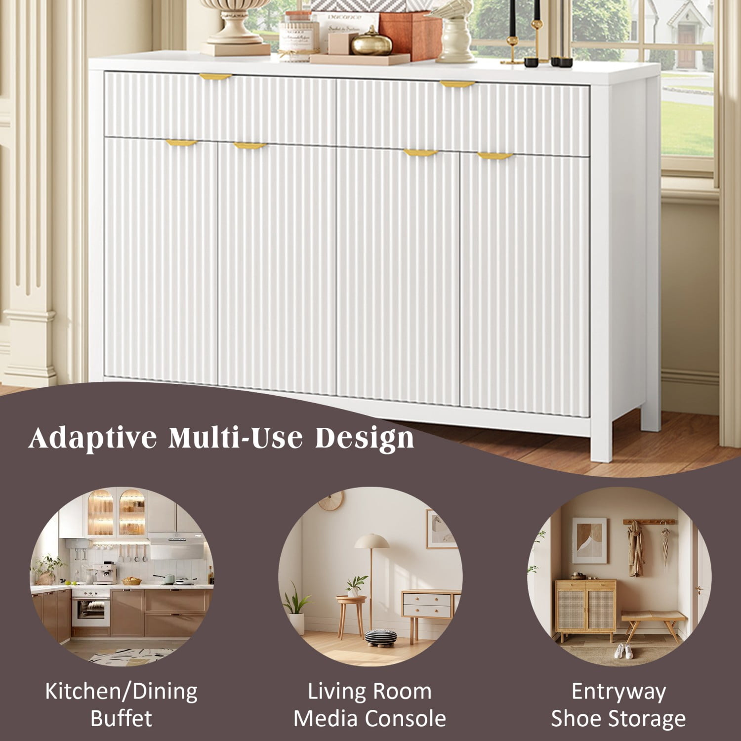 Modern 55.1" Sideboard Buffet Cabinet, 2 Drawers 4 Doors Storage Credenza with Adjustable Shelves, Wave-Pattern MDF Cabinet for Living Room Dining Entryway, White