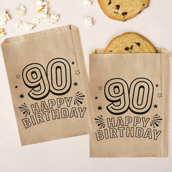 Big Dot of Happiness Adult 90th Birthday Kraft Brown Paper Treat Bags, Birthday Individual Greaseproof Brown Paper Sandwich Cookie Bags - 25 Count