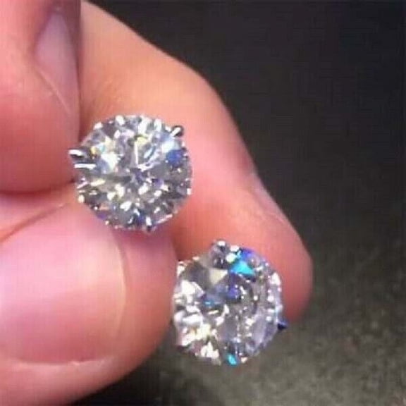 14K White Gold Over 2Cts Lab Created Round Cut Diamond Solitaire Three Prong Stud Earring