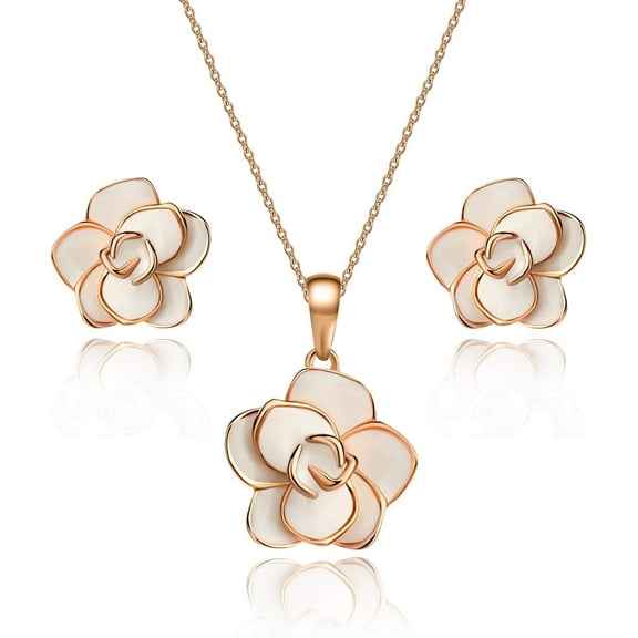 Rose Flower Necklace Earrings Set for Women 18K Gold Plated Hypoallergenic Jewelry Sets