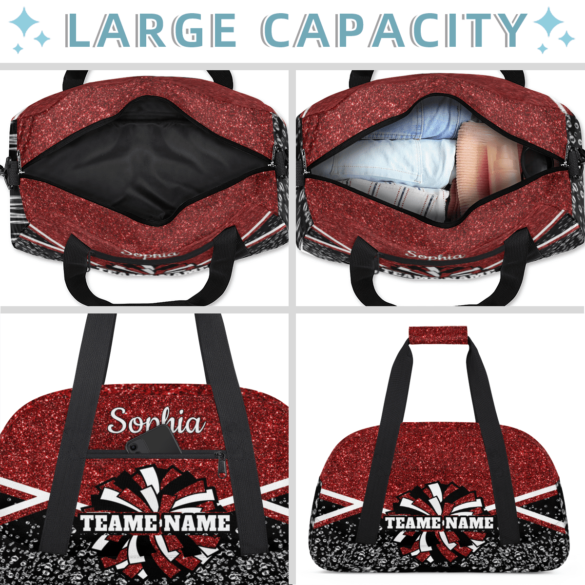 Jiaoprinted Personalized Cheer Bag, Custom Cheerleader Gym Bag Sport Duffel Bag, Customize Travel Overnight Weekender Bags, Cheerleading Gifts, Red Glitter