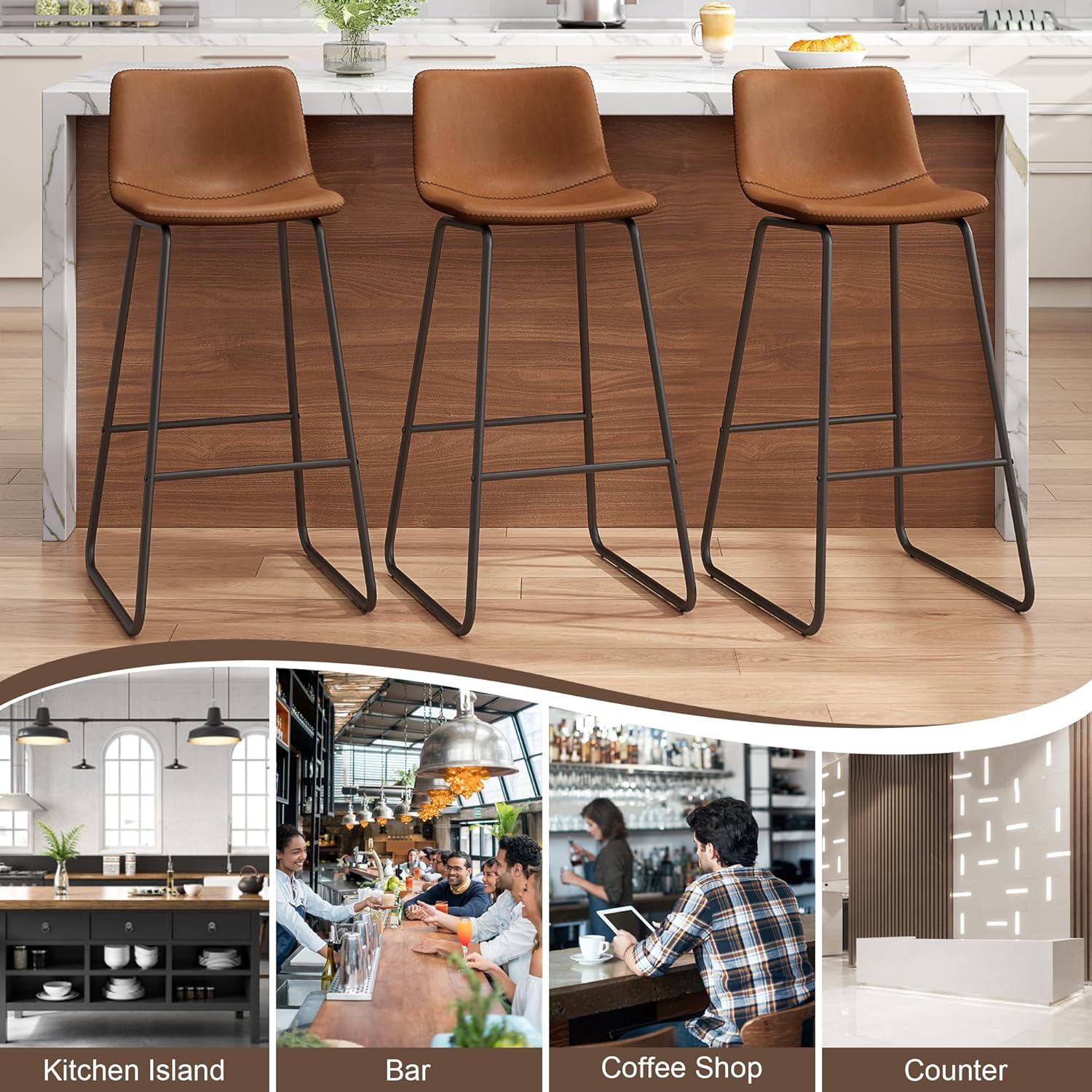 GIKPAL Bar Stools 30" Faux Leather Counter Height Barstools with Back Set of 4, Modern Counter Stools with Metal Legs and Footrest, Armless Chairs with Back for Kitchen Living Room Pub, Dark Brown