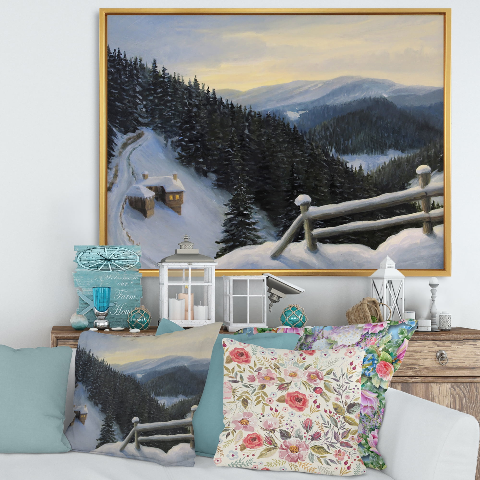 Designart 'View On Snowy Mountain Tops At Evening Glow' Traditional Framed Canvas Wall Art Print