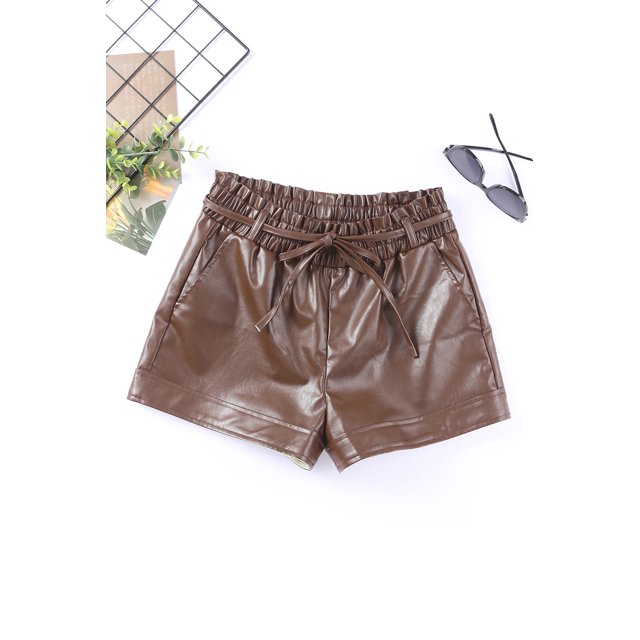 ABPHQTO Shorts de cintura alta con cinturón de cuero PU marrón para mujer