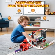 Carsky 2-in-1 Carrier Truck Race Track Playset, 37 Extra-Long Track w/ Parking Lot, 17 Transporter Carrier 4 Metal Mini Cars, Educational Gift Racing Toy for Boys & Girls Ages 3-8