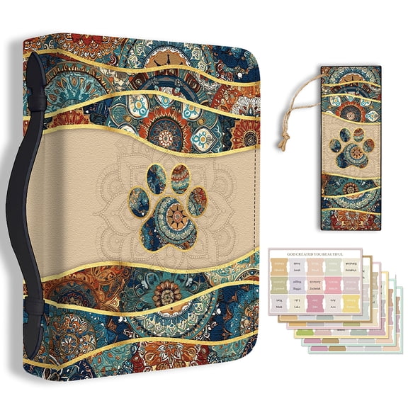 1pc Large Bible Cover 20.3x28.5x5.9cm PU Leather Book Protector Case with Bookmark Mandala Paw Prints Bible Carrying Case