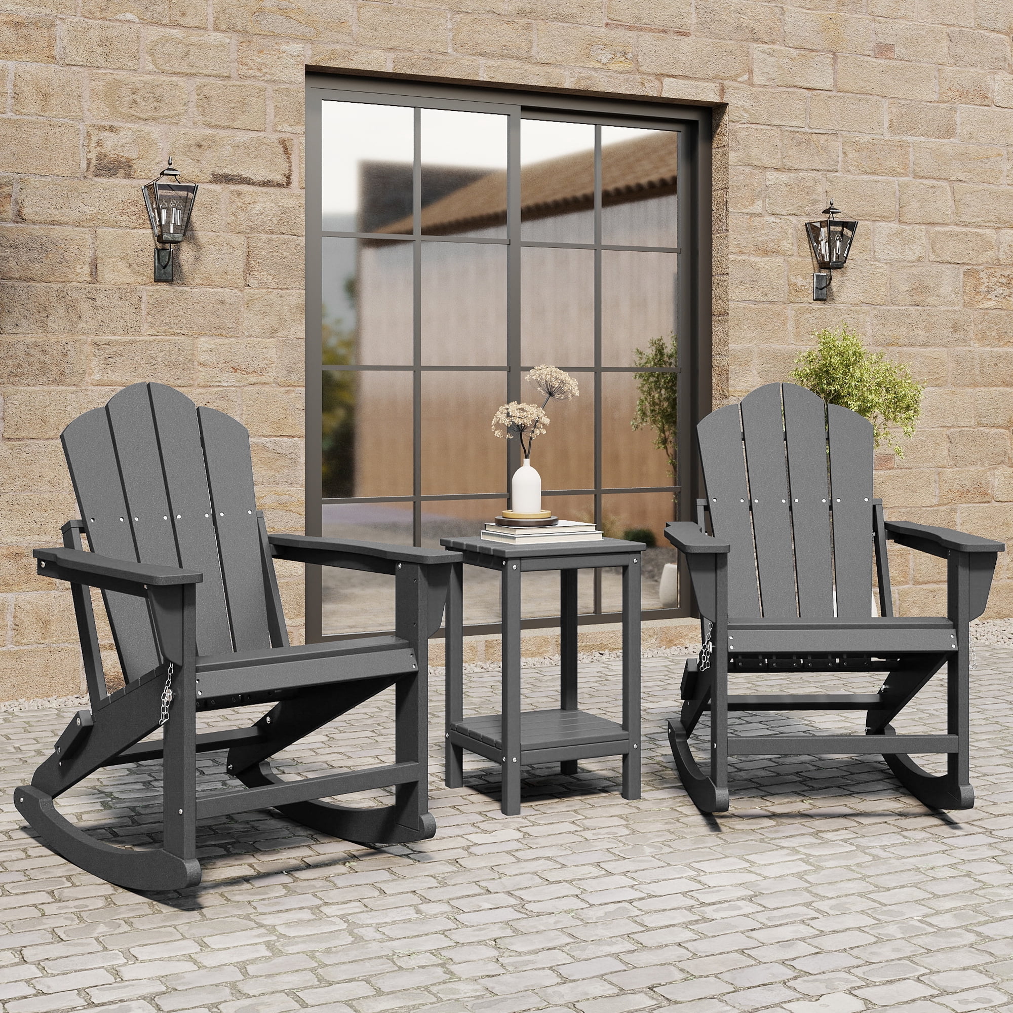 FOOWIN Folding Rocking Adirondack Chair, HDPE Plastic Rocking Chairs for Patio Porch Rocker Chair, Grey