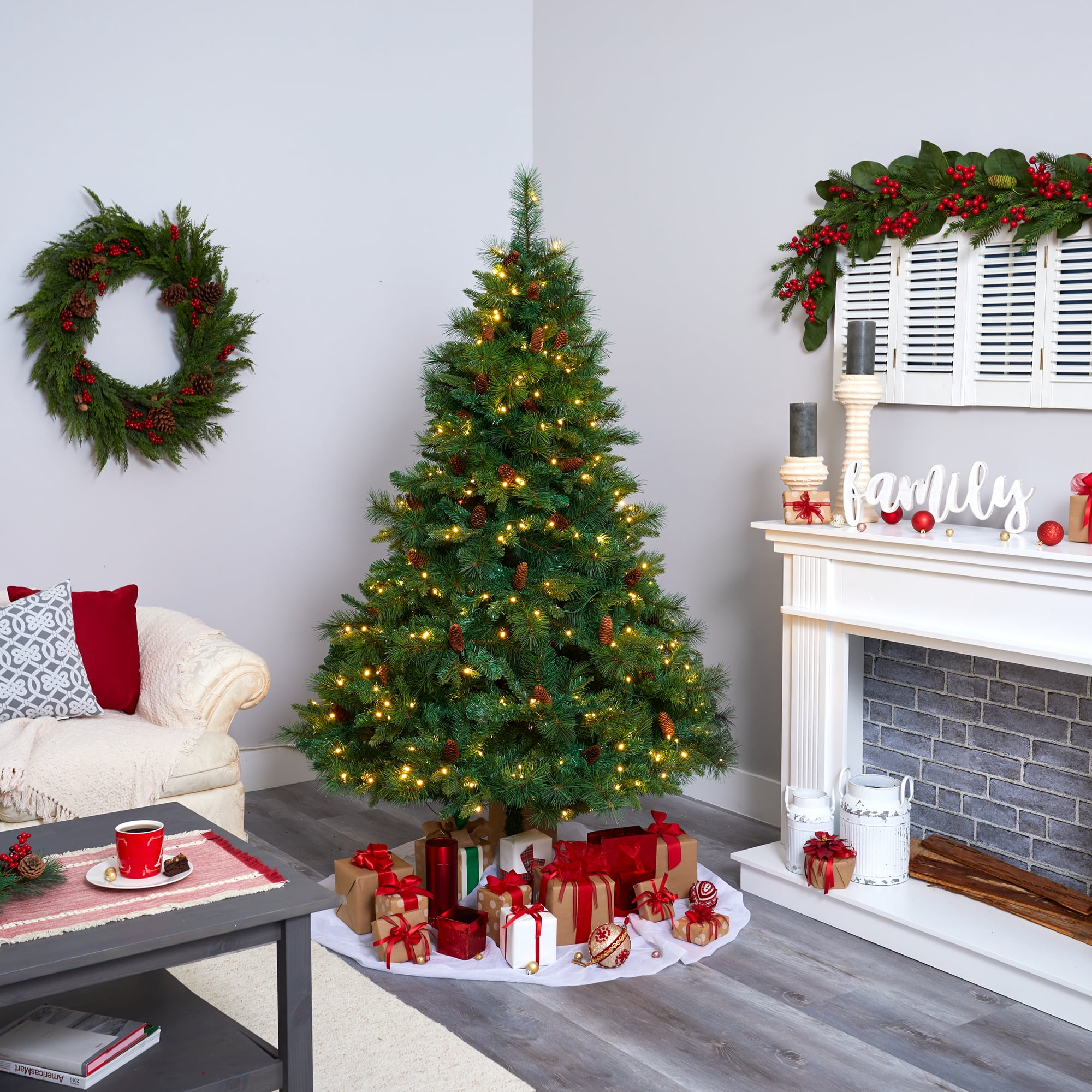 Nearly Natural 6.5' Green Decorated Pine Artificial Christmas Tree Prelit 400 Clear LED Lights