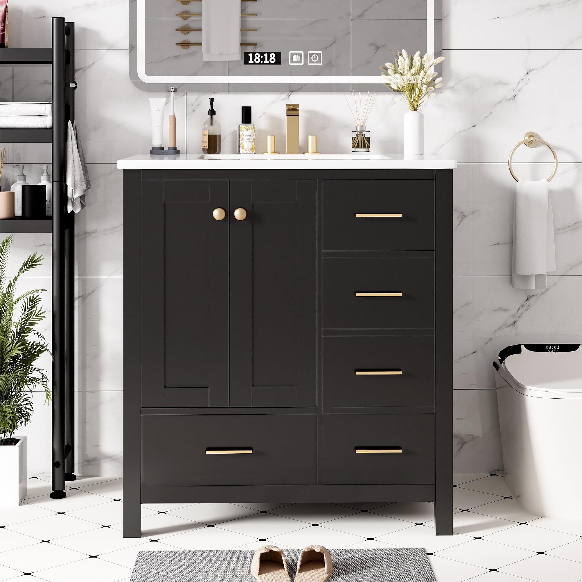 Euroco 30'' Bathroom Vanity with Ceramic Sink Combo, Solid Wood Frame Bathroom Storage Cabinet, Freestanding Vanity Set with 4 Drawers& Soft Closing Doors, Black