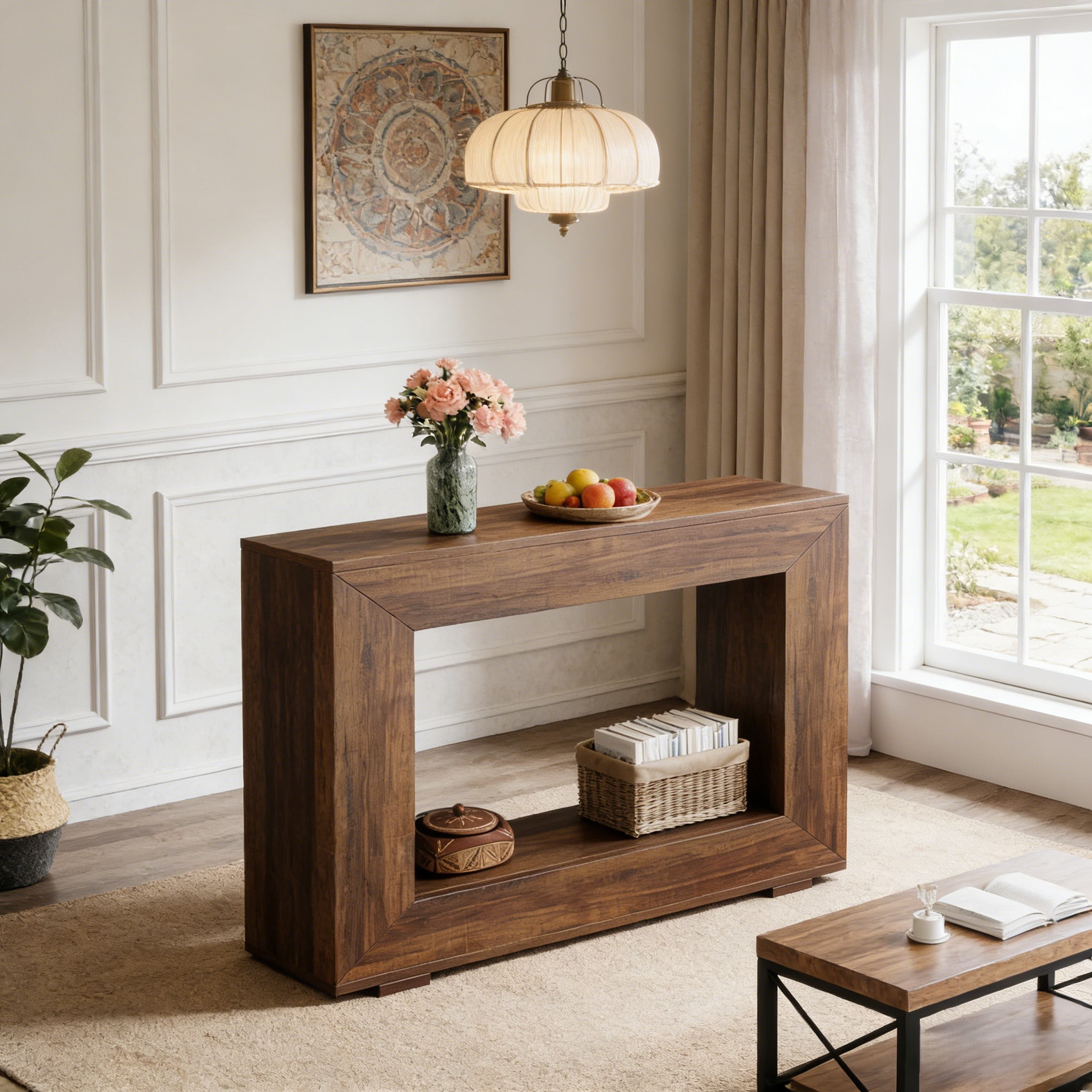 Fnova Farmhouse Console Table for Entryway, 47.2" Long Narrow Wood Entryway Table, Easy Assembly, Dark Brown