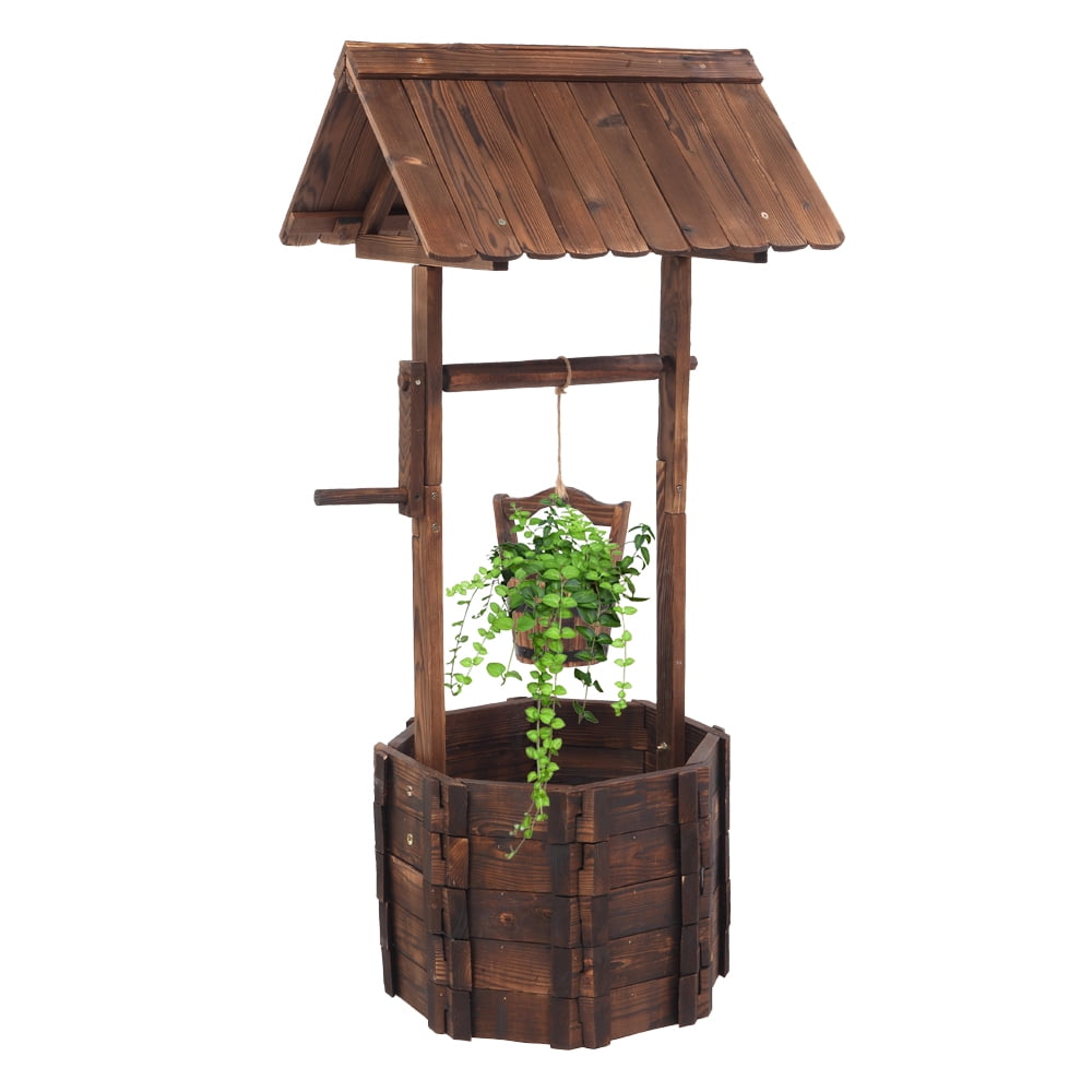 Kepooman Outdoor Patio Garden Wishing Well Planter with Hanging Bucket for Home Decor, Brown