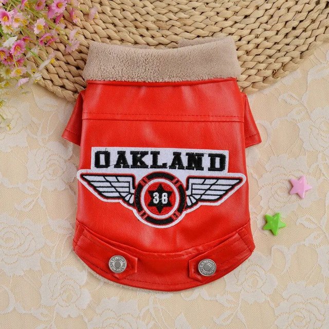Winter Pet Clothing High Quality Plush Fleece Dog Leather Jacket Red Black Small Dog Coat Pet Supplies Handsome Puppy Costume ShopWise Round