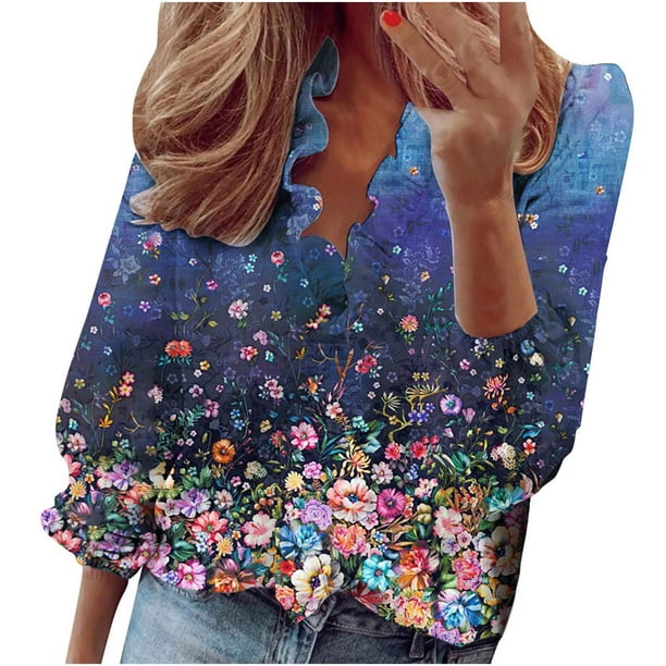 Mujeres Casual Manga completa Cuello en V Tops Camisas sueltas Blusa Tops estampados Pompotops FGAJ13972