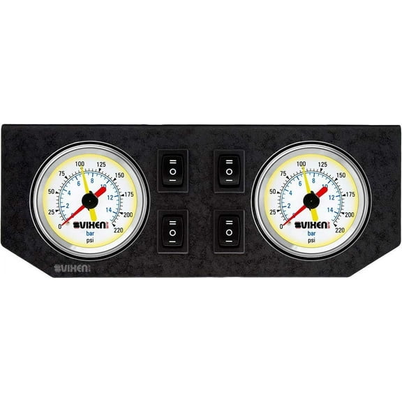 Vixen Air Two 2" Dual Needle Air Pressure White Gauges with Four Momentary Switches and Metal Dash Panel Kit VXF2GP4RKW