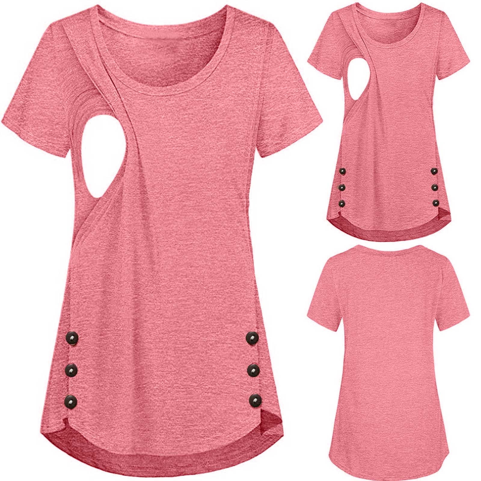 Aimik Maternity Crew Neck Layered Breast-Feeding Tops Pregnant Short Sleeves Shirts Woman Solid Breastfeeding Clothes Nursing Tunic Blouse