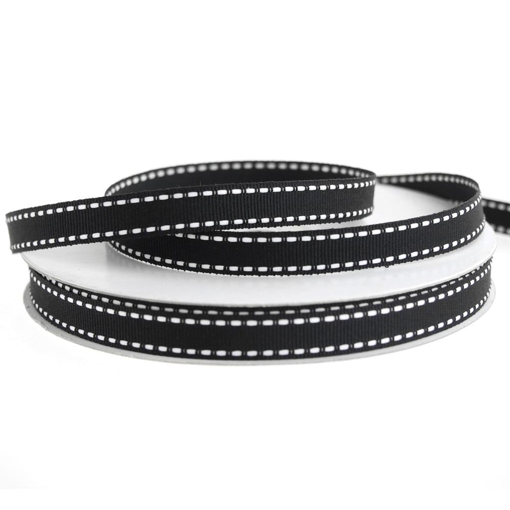 Saddle Stitch Border Grosgrain Ribbon, 3/8Inch, 25 Yards, Black/White