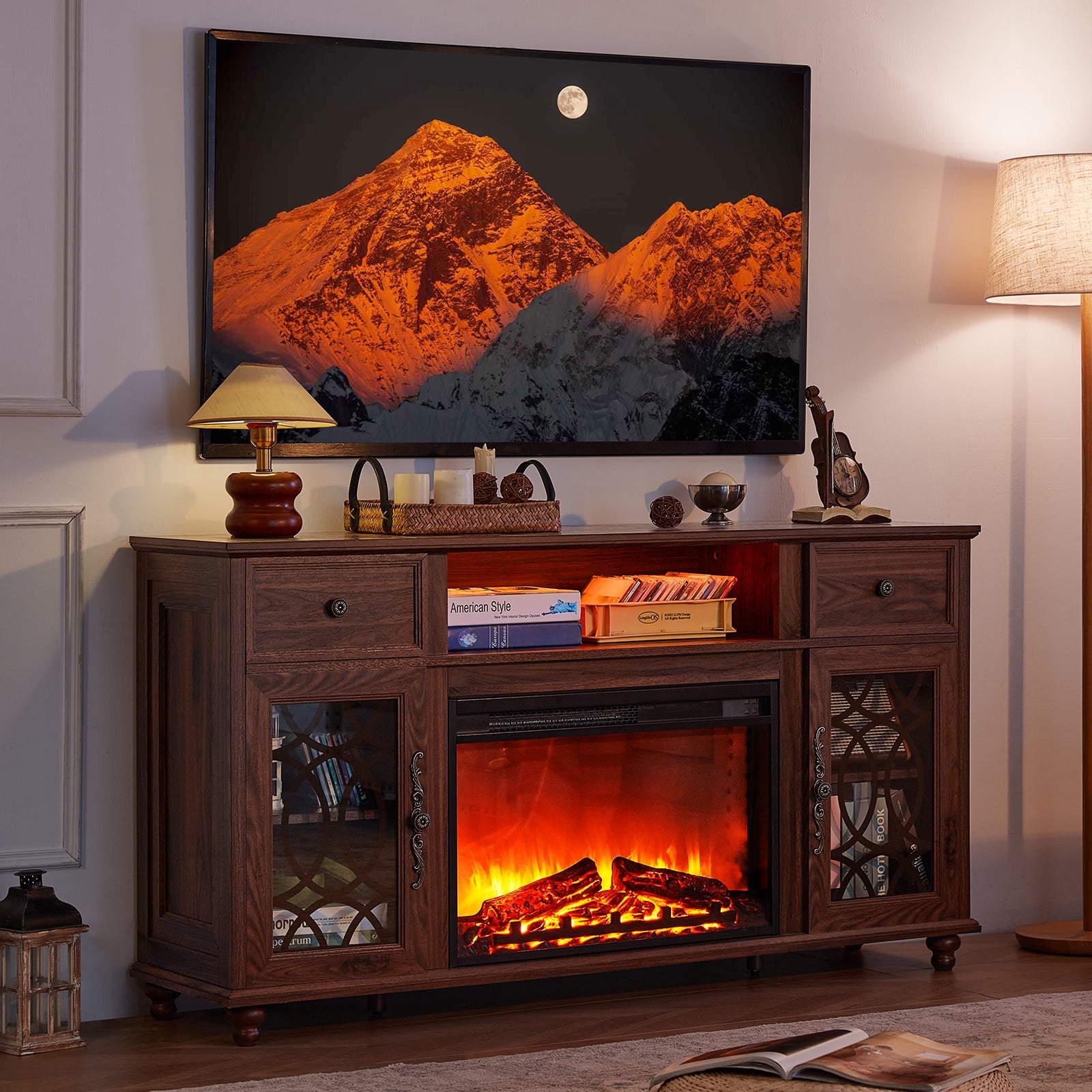 59 inch Fireplace TV Stand with 26.1" Electric Fireplace, High Gloss Entertainment Center for TVs up to 65 inch with LED Lights & Storage Cabinets, Brown
