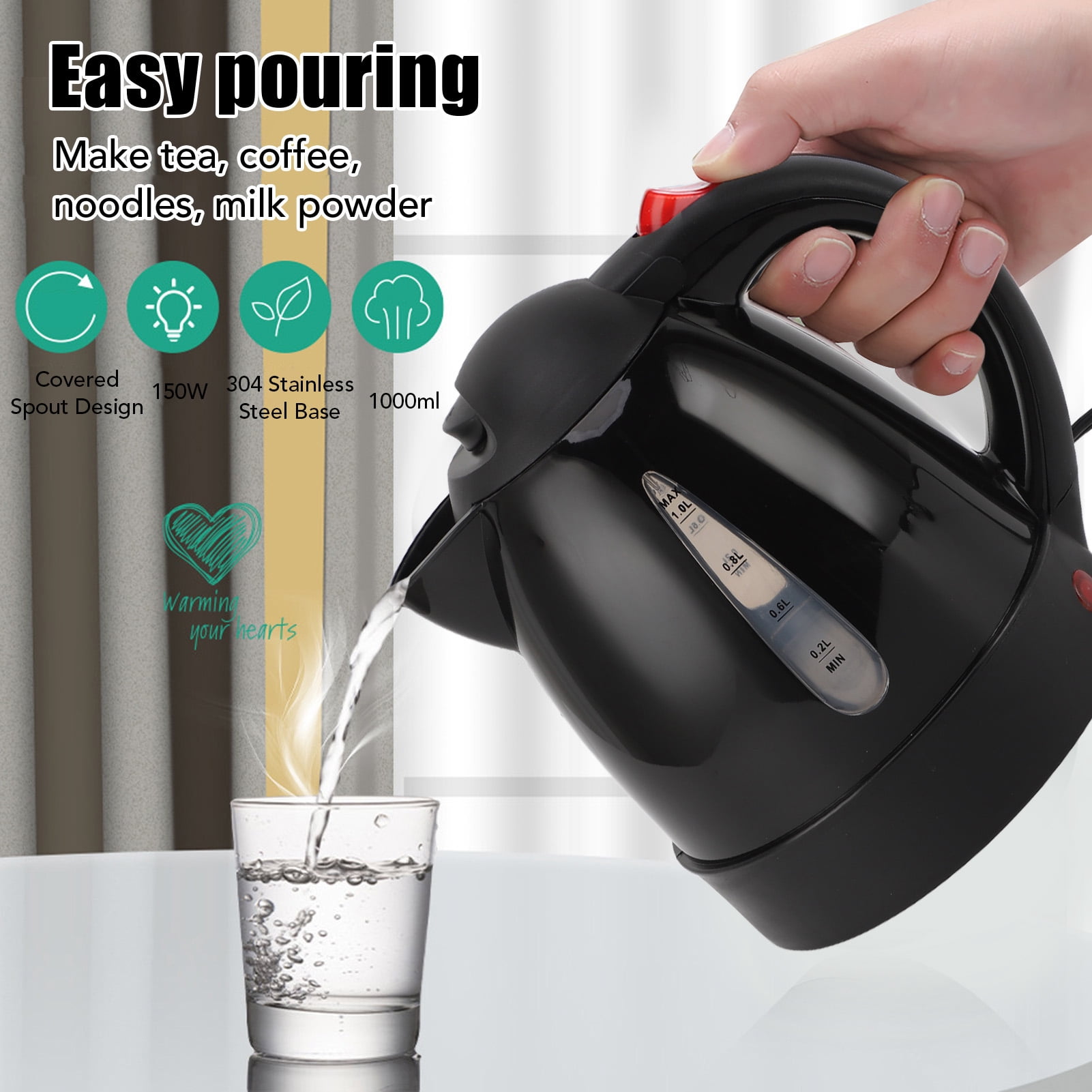 150W 1000ML Hot Water Boiler, Auto Shut Off Electric Kettle  For Trip,Black