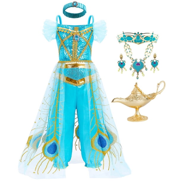 Vestido de princesa Jasmine para niñas, disfraz de Aladdín, trajes de tul tradicionales árabes para Halloween, juego de rol Fivean unisex