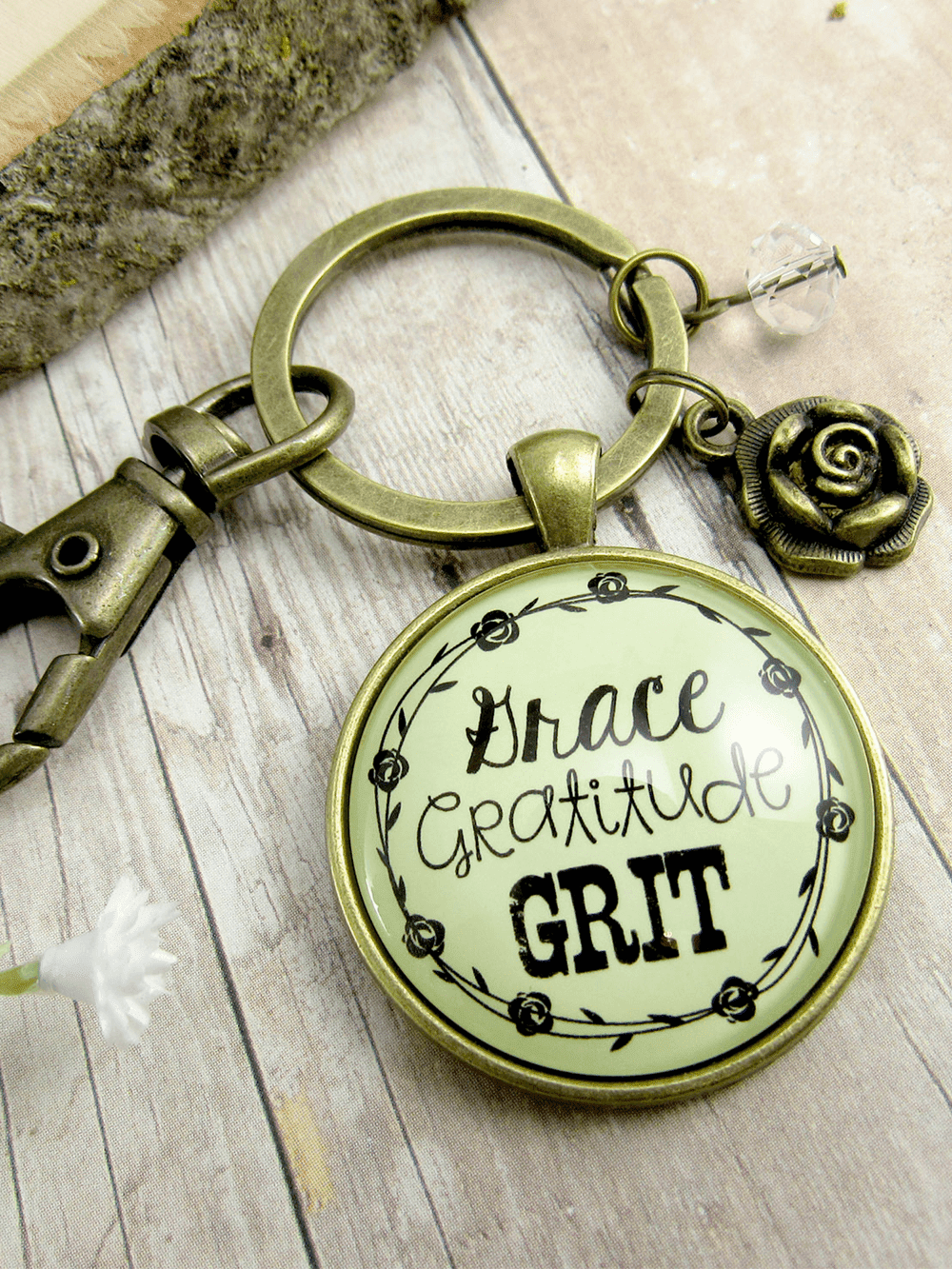 Grace Gratitude Grit Keychain Southern Girl Rustic Country Inspired Pendant Rose Charm Jewelry For Women 