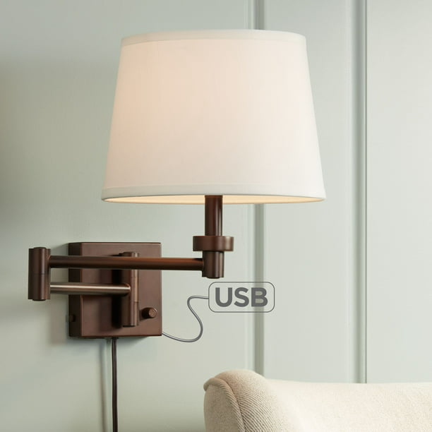 360 Lighting Modern Swing Arm Wall Lamp With Usb Charging Port Oiled Bronze Plug In Light Fixture Cream Drum Shade Bedroom Bedside Com - Wall Mounted Bedside Lights With Usb