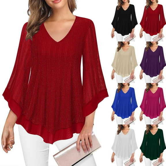 Women's Ruffle 3/4 Sleeve Dressy Tops Elegant V Neck Blouse Casual Work Evening Party Shirts Fall Outfits