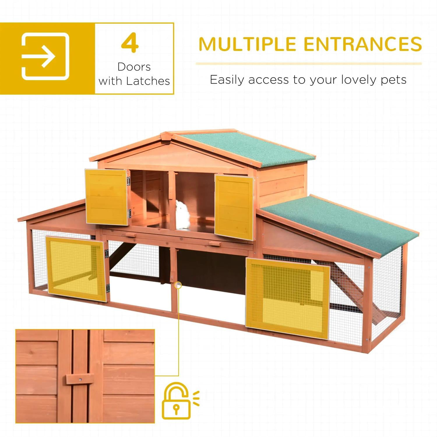 Pefilos 89" Wood Rabbit Hutch, Guinea Pig Cage with Double Runs, Weatherproof Roof, Removable Tray, Bunny House for Small Animals Outdoor Indoor, Orange