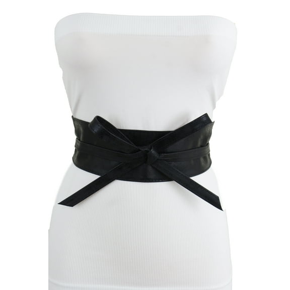 Women Black Metallic Shiny Black Faux Leather Wrap Around Tie Belt Fit Size S M