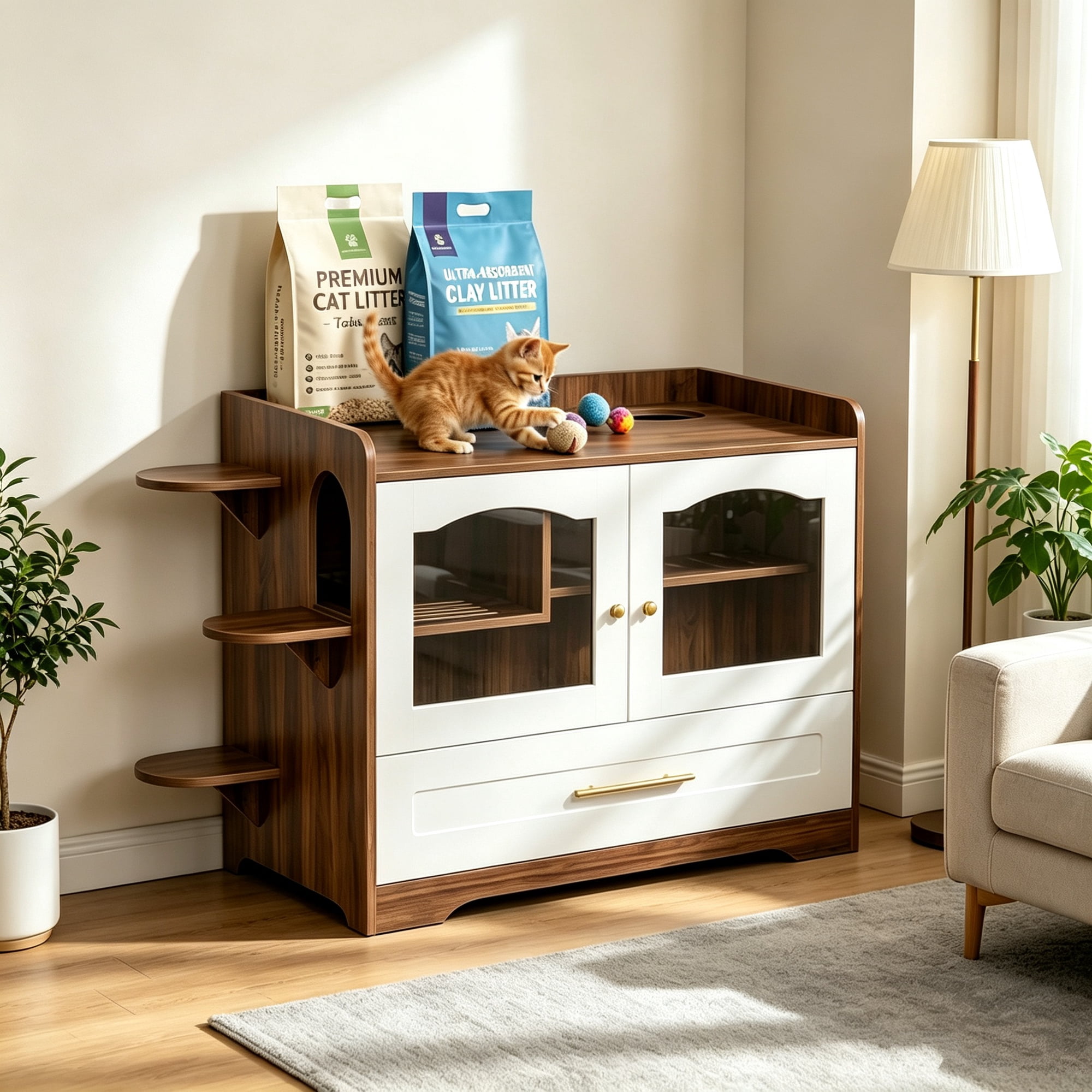 AUU Cat Litter Box Enclosure Furniture Dog-Proof Hidden Cabinet with Acrylic Door Extra Long Runway & Drawer Indoor Cat Play Area