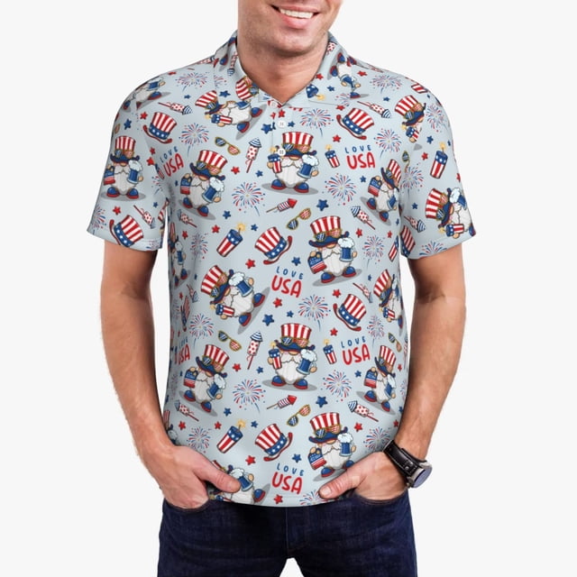 Fotbe I Love USA Camiseta Polo de Golf para Hombre con Estampado – Camisa Deportiva Transpirable con Cuello Abotonado-Small
