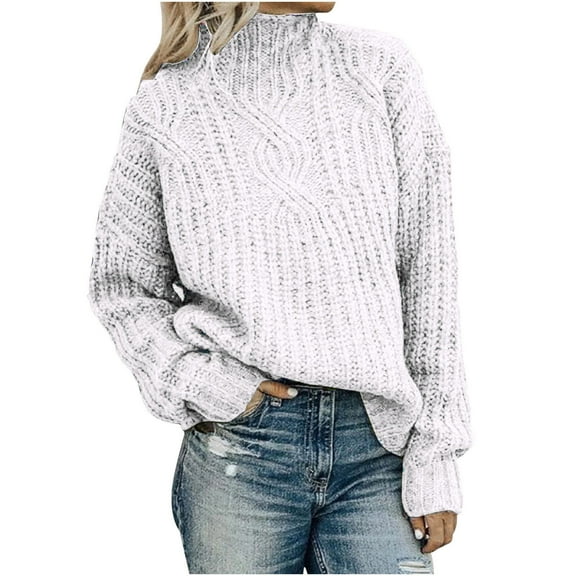 ZQGJB Women's Long Sleeve Turtleneck Cozy Cable Knitted Sweater Fall Winter Casual Solid Color Loose Chunky Warm Crochet Eyelot Pullover Jumper Tops White S