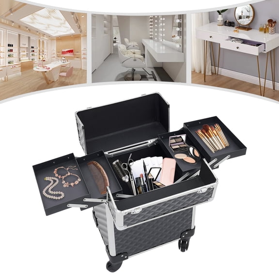 13.39*9.45*16.14in Black Rolling Makeup Case for Professional Make-up Artists, Hair Stylists, Beauticians, and More